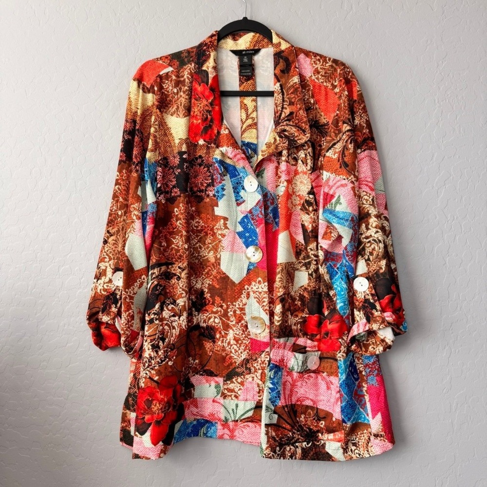 Ali Miles 2X Button Up Jacket Multicolor Roll-Tab Sleeve Patchwork Floral Print